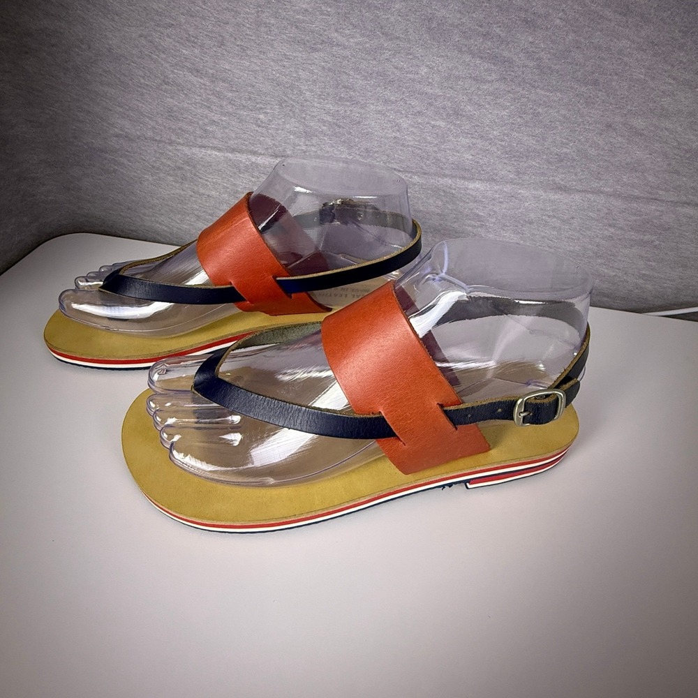 Real Leather Greek Sandals‎  5.5 Tricolor Navy Red Tan Buckle Strap Flat Summer